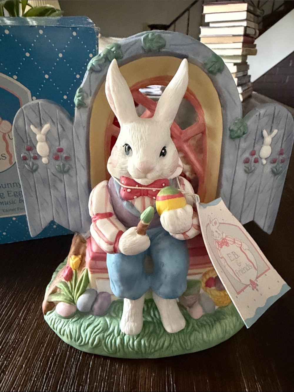 Easter Bunny Figurine with Painted Egg. Music box, Pastel Colors.Porcelain.